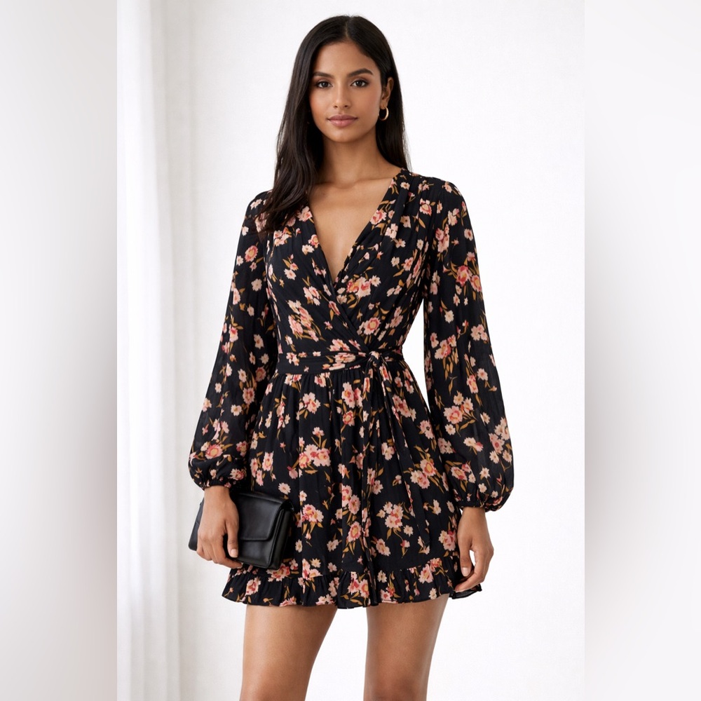 A.L.C. Black Floral Silk Wrap Dress Size 8 Long Sleeve Tie Waist Mini Dress
